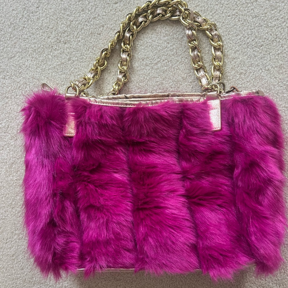 Betsey Johnson Fuchsia Faux Fur with a Chain Strap Bag